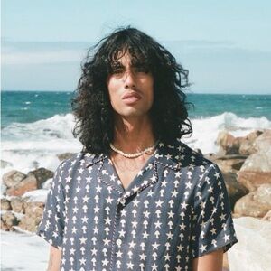 Men's Navy Short-Sleeve Button-Down Shirt with Star and Mushroom Print SHITAKE